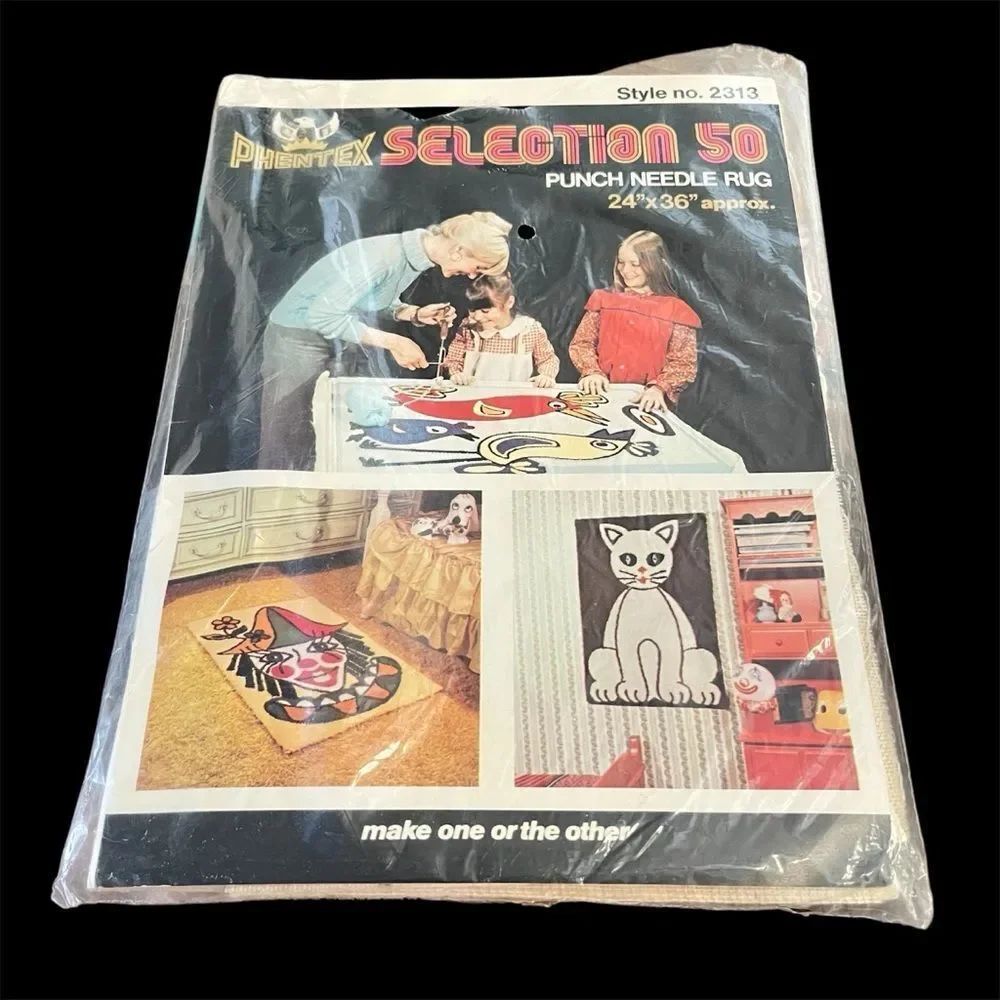 Vintage Phentex Needle Punch Rug Clown & Cat Designs